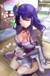  1girl absurdres armor breasts bridal_gauntlets cleavage commentary_request cup genshin_impact highres holding holding_cup japanese_clothes kimono long_hair looking_at_viewer medium_breasts off_shoulder one_eye_closed purple_eyes purple_hair purple_kimono raiden_shogun shoulder_armor sitting solo thighs very_long_hair wg_(dotori287) 