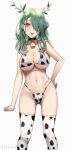 1girl :p absurdres animal_print bell bikini black_choker breasts ceres_fauna choker cow_print cowbell green_hair hand_on_hip highres hololive hololive_english large_breasts navel print_bikini print_thighhighs solo stomach swimsuit thighs tongue tongue_out vicarious virtual_youtuber yellow_eyes 