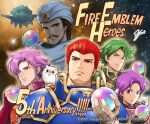  4boys blue_armor brown_hair closed_eyes commentary_request copyright_name feh_(fire_emblem_heroes) fehnix fire_emblem fire_emblem:_mystery_of_the_emblem fire_emblem_heroes green_armor green_eyes green_hair hardin_(fire_emblem) holding_orb looking_at_viewer multiple_boys orange_armor purple_armor purple_hair red_eyes red_hair roshea_(fire_emblem) sedgar_(fire_emblem) turban vyland_(fire_emblem) wolf_(fire_emblem) yamada_koutarou 