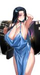  1girl alternate_costume bag bare_shoulders black_choker black_hair blue_dress blue_eyes blush breasts choker cleavage dress evening_gown handbag highres invincible_dragon_(last_origin) jewelry large_breasts last_origin necklace rhlatm solo thighs 