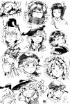  6+girls animal_ears bird_ears bird_wings blush bow cabbie_hat cape cirno collared_shirt dated earrings fins flower fujiwara_no_mokou glasses greyscale grin hair_between_eyes hair_bobbles hair_bow hair_flower hair_ornament hat head_fins hieda_no_akyuu highres japanese_clothes jewelry kazami_yuuka kimono kisume kokechankokko long_hair mermaid monochrome monster_girl multiple_girls mystia_lorelei one_eye_closed plaid plaid_vest rabbit_ears ringo_(touhou) sekibanki shirt short_hair signature simple_background single_earring smile soga_no_tojiko tate_eboshi toramaru_shou touhou two_side_up usami_sumireko v vest wakasagihime white_background winged_hat wings 