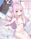  1girl 2drr :o bare_arms bare_shoulders bed bikini blue_archive blush breasts cellphone collarbone commentary crescent curtains day feathered_wings flower hair_bun hair_flower hair_ornament halo highres holding holding_phone indoors long_hair low_wings mika_(blue_archive) navel paid_reward_available parted_lips phone pillow pink_hair purple_flower single_side_bun small_breasts solo sunlight swimsuit transparent very_long_hair white_bikini white_wings window wings 