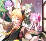  2boys 2girls aa_subarashiki_nyansei_(vocaloid) animal_ears aqua_hair bell black_vest blonde_hair blunt_bangs blush bob_cut brown_shirt closed_eyes closed_mouth collar commentary extra_ears fang green_hair hair_between_eyes hands_on_own_face highres kamishiro_rui kusanagi_nene lapels long_hair looking_at_another momomo_(m0_3) multicolored_hair multiple_boys multiple_girls neck_bell necktie ootori_emu open_mouth open_window outstretched_arms pink_hair project_sekai purple_eyes purple_hair shirt short_hair sideways_glance sleeveless streaked_hair tenma_tsukasa upper_body vest window wonderlands_x_showtime_(project_sekai) yellow_eyes yellow_necktie 