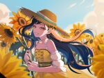  1girl black_hair butterfly_hair_ornament buttons cloud commentary detached_sleeves earrings english_commentary field flower flower_field hair_ornament hat highres holding holding_flower jewelry leaf long_hair looking_at_viewer necklace official_alternate_costume orange_eyes outdoors project_sekai shiraishi_an smile solo sun_hat sunflower sunflower_earring sunflower_field teeth the_vivid_old_tale_(project_sekai) upper_body yk62 