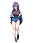  1girl absurdres bare_legs black_shirt blue_archive blue_buruma blue_jacket blush breasts buruma collarbone facepaint full_body gym_uniform halo highres jacket jacket_partially_removed large_breasts long_hair looking_at_viewer nervous_smile official_alternate_costume partially_unzipped ponytail purple_eyes purple_hair roina_(effj7473) shirt shoes simple_background smile sneakers solo star_(symbol) sweatdrop thighs track_jacket very_long_hair white_background yuuka_(blue_archive) yuuka_(track)_(blue_archive) 