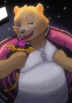  anthro bear belly brown_body brown_fur crave_saga eyebrows fur gabu_(crave_saga) green_eyes hi_res inugamihito jewelry male mammal microphone necklace overweight singing solo tattoo thick_eyebrows 