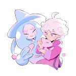  1boy ahoge artist_name aukives bede_(pokemon) coat commentary curly_hair hatterene holding holding_pokemon looking_down male_focus mew_(pokemon) pink_coat pokemon pokemon_(creature) pokemon_(game) pokemon_swsh purple_eyes short_hair simple_background sleeves_rolled_up white_background white_hair 
