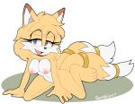  absurd_res anthro areola blue_eyes breasts canid canine female fox fur hi_res mammal multi_tail multicolored_body multicolored_fur navel nipples nude open_mouth open_smile senshion smile solo tail two_tone_body two_tone_fur white_body white_fur yellow_body yellow_fur 