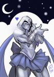  1boy absurdres artist_name bandages bishoujo_senshi_sailor_moon cowboy_shot crescent_moon crossover heart highres hood hood_up male_focus marvel moon moon_knight pleated_skirt sailor_senshi_uniform skirt solo standing tazahan tsuki_ni_kawatte_oshioki_yo 