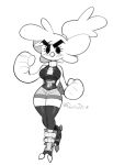  2023 angry_eyes anthro avian aza_(doodledox) beak big_breasts bird blush blush_lines bottomwear breasts clothing doodledox eyelashes feathers female fist footwear hair legwear monochrome ponytail shorts signature simple_background simple_eyes small_waist solo standing tail_feathers talons thigh_highs 