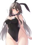  1girl akahi242 animal_ears black_hair black_leotard blush breasts brown_eyes covered_navel cowboy_shot detached_collar fake_animal_ears groin hair_between_eyes hair_ornament hairclip haruna_(kancolle) highres kantai_collection large_breasts leotard long_hair rabbit_ears sidelocks simple_background solo strapless strapless_leotard white_background wrist_cuffs 