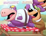  2023 anal anthro balls bear black_nose brown_body clothing detailed_background duo erection eyes_closed genitals hanna-barbera hat headgear headwear hi_res jellystone_(hbo_max) leonthelionel male male/male mammal necktie oral outside penis peter_potamus purple_body rimming sex the_peter_potamus_show yogi_bear 