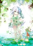  +_+ 1girl bare_shoulders bikini braid bubble closed_mouth commentary_request genshin_impact gradient_hair green_bikini green_eyes green_hair grey_hair hair_between_eyes leaf leaf_print lily_pad looking_at_viewer multicolored_hair nahida_(genshin_impact) see-through shirogane_hina short_sleeves side_ponytail smile standing standing_on_one_leg swimsuit water 