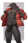  amon-sydonai anthro balls black_body bulge clothed clothing epic_games forked_tongue fortnite genitals grey_body grey_scales hi_res jacket jewelry jockstrap komodo_dragon lizard male monitor_lizard muscular muscular_anthro muscular_male necklace nipples open_clothing open_jacket open_topwear partially_clothed partially_visible_genitals pecs red_clothing red_eyes red_jacket red_topwear reptile scales scalie solo standing thunder_(fortnite) tongue tongue_out topwear underwear 