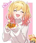  1boy 1girl absurdres blonde_hair blush closed_eyes commentary_request food fruit gradient_hair highres holding holding_food holding_fruit long_hair long_sleeves mandarin_orange multicolored_hair notice_lines open_mouth pink_hair project_sekai ribbed_sweater sidelocks smile sparkle sweater taro14_tea tenma_saki tenma_tsukasa translation_request twintails upper_body white_sweater yellow_eyes 