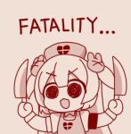  &gt;_&lt; 1girl :d apron chibi commentary death_momoi_(meme) dual_wielding english_commentary english_text hair_ornament hands_up hat heart heart_print holding holding_knife knife long_hair looking_at_viewer meme monochrome natori_sana needle_(574187457) nurse_cap open_mouth puffy_short_sleeves puffy_sleeves rabbit_hair_ornament red_background sana_channel short_sleeves simple_background smile solo two_side_up upper_body v-shaped_eyebrows virtual_youtuber 