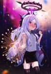  1girl bat_wings black_wings blue_archive blush breasts confetti demon_horns hair_ornament hairclip halo highres hina_(blue_archive) horns long_hair low_wings purple_eyes skirt small_breasts suppa_(hagakuresuppa) thighhighs white_hair wings zettai_ryouiki 
