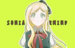  1girl :o black_bow blonde_hair blush bow bowtie braid collared_shirt danganronpa_(series) danganronpa_2:_goodbye_despair dress gem green_dress green_eyes hair_bow long_hair looking_up misa_(usaginosakura) red_bow red_bowtie revision shirt short_sleeves simple_background solo sonia_nevermind upper_body white_shirt yellow_background 