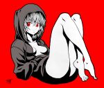  1girl :o agongaaka barefoot blue_hair breasts cleavage collarbone crossed_ankles feet flat_color full_body hands_in_pockets highres hood hoodie knees_up messy_hair multiple_monochrome naked_hoodie original parted_lips red_background red_eyes signature simple_background solo thighs toenails toes 