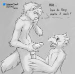  anthro avian balls beak bird blush canid canine canis domestic_dog duo english_text erection genitals greyscale hi_res imminent_fellatio interspecies male male/male mammal monochrome mutt_(wagnermutt) open_beak open_mouth penis scar sketch standing text thought_bubble wagnermutt 