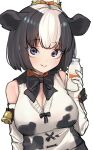  1girl a888_n22 animal_ears animal_print bare_shoulders bell black_bow black_bowtie black_hair blush bottle bow bowtie collar cow_ears cow_girl cow_print elbow_gloves extra_ears gloves hair_between_eyes hair_bow hair_bun holstein_friesian_cattle_(kemono_friends) kemono_friends looking_at_viewer milk_bottle multicolored_hair orange_bow print_gloves print_shirt purple_eyes shirt short_hair sidelocks sleeveless smile solo two-tone_hair upper_body white_hair 