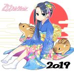  1girl 2019 blue_eyes blue_hair blue_kimono braid chinese_zodiac flat_chest hair_ornament hair_over_shoulder hairclip highres ino_(magloid) japanese_clothes kanzashi kimono long_hair looking_at_viewer mochizuki_nonoka new_year obi otome_function piglet sash side_braid sitting smile socks solo tabi white_socks year_of_the_pig 