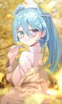  1girl aamana0 aqua_eyes blue_hair blue_nails blue_wings brown_cardigan cardigan collar elira_pendora elira_pendora_(3rd_costume) frilled_collar frills glasses hair_ornament hairclip head_wings heterochromia high_ponytail highres long_hair nijisanji nijisanji_en official_alternate_costume purple_eyes round_eyewear solo sweater virtual_youtuber white_sweater wings 