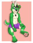  2019 anthro antlers biped black_hair black_nose blue_eyes border claws clothing colored_seam_underwear cute_fangs deer fur gaokun green_body green_ears green_fur green_hair green_inner_ear green_tail hair hi_res horn inner_ear_fluff looking_at_viewer male mammal monotone_ears mostly_nude multi_tone_fur multicolored_hair pawpads pink_background pink_pawpads pink_seam_underwear purple_clothing purple_underwear simple_background solo tail toe_claws tuft two_tone_hair two_tone_tail underwear white_body white_border white_fur white_tail 