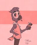  african_grey afrotropical_parrot anthro arm_tuft avian beak bird bottomwear brown_clothing cheek_tuft clothing dated disney ducktales ducktales_(2017) elbow_tuft eyebrows facial_markings facial_tuft feathers food grey_beak grey_body grey_clothing grey_feathers hand_in_pocket head_markings head_tuft holding_food holding_object male mark_beaks markings mask_(marking) pants parrot pink_background pink_body pink_clothing pink_eyes pink_tail pockets pocky pocky_in_mouth restricted_palette shellyochunks signature simple_background sleeveless_hoodie solo striped_markings stripes tail thick_eyebrows true_parrot tuft 
