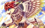  ambiguous_gender blue_eyes blue_sky chest_tuft cloud dragon ears_back fangs feathered_wings feathers feral fur furred_dragon glistening glistening_eyes hair hi_res kuttoyaki open_mouth pivoted_ears red_tongue scales sky solo tan_body tan_fur tan_wings teeth tongue tuft white_hair wings yellow_body yellow_scales 