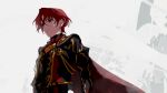  alear_(fire_emblem) alear_(male)_(fire_emblem) black_shirt cape closed_mouth fire_emblem fire_emblem_engage game_ym0000 gold_trim highres long_sleeves looking_away past_alear_(male) red_eyes red_hair shirt short_hair solo white_background 