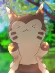  &gt;_&lt; 1other :3 artist_name blurry blurry_background closed_mouth commentary_request day facing_viewer furret hebimaru highres holding holding_pokemon outdoors pokemon pokemon_(creature) pov signature smile 