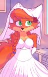  absurd_res blackmore braided_hair braided_pigtails breasts canid canine clothing dress female fox fur furniture hair hands_behind_back hi_res inside mammal patricia_mac_sionnach plant raised_tail red_fox smile solo table tail wedding_dress window 