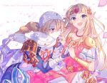  2girls adjusting_scarf armor bandaged_arm bandages blonde_hair blue_eyes border braid cherry_blossoms covered_mouth dress earrings english_text fingerless_gloves gloves gold_trim hand_on_another&#039;s_hand jewelry long_hair miri_(cherryjelly) multicolored_clothes multicolored_dress multiple_girls necklace open_mouth pink_dress pointy_ears princess_zelda red_eyes scarf sheik sheikah short_sleeves super_smash_bros. surcoat the_legend_of_zelda tiara triforce_earrings upper_body white_border white_dress white_headwear 
