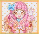  1girl aikatsu!_(series) aikatsu_friends! blonde_hair blue_bow blue_bowtie blunt_bangs blush bow bowtie drill_hair gloves gradient_hair hair_bow highres idol multicolored_hair open_mouth pink_gloves pink_hair shirato_sayuri smile solo traditional_media yuuki_aine 