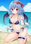  1girl bare_legs barefoot bat_wings beach bikini black_bikini blue_hair blush bow breasts closed_mouth collarbone detached_sleeves frilled_bikini frilled_sleeves frilled_straps frilled_wrist_cuffs frills full_body hair_bow hairband hands_up highres jewelry kneeling looking_ahead medium_breasts navel necklace red_bow red_eyes red_hairband remilia_scarlet sand short_sleeves side-tie_bikini_bottom sitting sleeveless smile solo stomach strap_lift suigetsu_(watermoon-910) swimsuit thigh_strap thighs touhou wariza water wings wrist_cuffs 