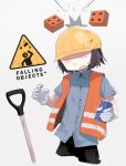  &gt;_&lt; 1girl black_pants blue_shirt brick brown_hair can ccg falling_rock gloves grey_background highres jacket open_mouth orange_jacket original pants shirt shovel sign simple_background soda_can solo warning_sign white_gloves yellow_headwear 