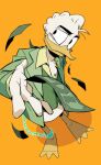  1boy dollar_bill ducktales gladstone_gander gloves green_jacket green_shirt jacket lumise05 orange_background shirt simple_background single_ankle_cuff solo white_gloves 