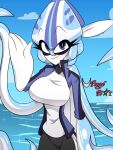  anthro blue_body bottomwear breasts cephalopod clothing coleoid cute_eyes decapodiform female hi_res jacket looking_at_viewer marine mollusk pants seaside shirt solo t-shirt tentacles topwear usagi_star 