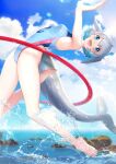  absurdres alternate_costume bare_arms bare_shoulders barefoot blowhole blue_eyes blue_hair blue_one-piece_swimsuit cetacean_tail choker common_bottlenose_dolphin_(kemono_friends) dolphin_girl dorsal_fin fins fish_tail grey_hair head_fins highres hoop hula_hoop kemono_friends kemono_friends_3 midair multicolored_hair nelly_(altsarespicy) one-piece_swimsuit short_hair sidelocks splashing swimsuit tail water white_choker 