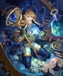  1boy :d armillary_sphere blonde_hair blue_coat blue_eyes blue_footwear blue_headwear blue_scarf bolo_tie book book_stack boots center_frills coat collared_shirt flask floating_clothes frills fringe_trim full_body gears gloves green_gloves green_vest hat holding holding_staff kneeling lantern light_particles long_hair magic male_focus open_book open_clothes open_coat original pants round-bottom_flask scarf sennohajime shirt smile solo staff star_(symbol) swept_bangs thigh_boots vest white_pants white_shirt 