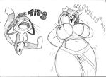  2023 anthro big_breasts breasts chochi cleavage clothed clothing countershading domestic_cat domestic_pig eyes_closed eyeshadow fangs featureless_breasts felid feline felis female graphite_(artwork) greyscale hi_res laugh makeup mammal midriff monochrome navel nipple_outline nude open_mouth pencil_(artwork) sitting skimpy slightly_chubby suid suina sus_(pig) teeth thick_thighs traditional_media_(artwork) 