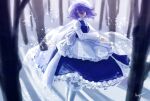  1girl apron artist_name blue_skirt blue_vest closed_eyes day forest frilled_apron frilled_sleeves frills highres koyane_(silver81106) letty_whiterock medium_hair nature shadow shirt signature skirt snow solo sunlight touhou tree tree_shade veil vest waist_apron white_shirt 