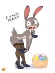  anthro basket breasts buckteeth bunny_costume clothing container costume disney dressing easter easter_egg female footwear furboz hi_res high_heels holidays judy_hopps lagomorph leaning leaning_forward legwear leporid looking_at_viewer mammal necktie nipples open_mouth rabbit solo stockings surprised_expression teeth zootopia 
