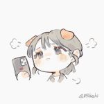  1girl :&lt; akechi_(826988799) animal_ears animification black_eyes black_hair cellphone chibi chinese_commentary dog_ears exy_(wjsn) frown grey_background hair_behind_ear highres holding holding_phone k-pop kemonomimi_mode phone photo-referenced portrait real_life shirt smartphone solo twitter_username white_shirt wjsn 