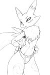  anthro bandai_namco breasts canid canine clothing clothing_pull digimon digimon_(species) female greyscale looking_at_viewer mammal monochrome neck_tuft open_mouth panties panty_pull renamon simple_background solo tuft underwear underwear_pull unknown_artist white_background 