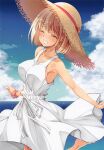  1girl absurdres blonde_hair blush breasts closed_eyes collarbone dress grin hat highres izumi_mahiru large_breasts lycoris_recoil nishikigi_chisato non-web_source ocean outdoors short_hair sideboob sky sleeveless smile solo straw_hat white_dress 