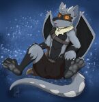  2023 absurd_res anthro armor black_body black_pawpads black_scales blue_body blue_fur bottomwear c-r-s clothing custom_species drackal feet foot_focus fur generation_4_pokemon hi_res horn hybrid hypno_eyes hypnosis jewelry kobold lost_in_chaos_scar male mind_control neck_tuft necklace nintendo open_mouth pauldron pawpads pokemon pokemon_(species) riolu scales scaly_pawpads shorts shorts_only shoulder_cape squirrel_(lost_in_chaos) squirrel_(razim) tail tail_spines tuft wings 