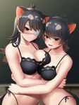  2girls :d asymmetrical_docking australian_devil_(kemono_friends) bare_arms bare_shoulders black_bra black_eyes blurry blurry_background bra breast_press breasts brown_hair chalkboard collarbone commentary deku_suke empty_eyes extra_ears eyepatch fang flipped_hair gradient_hair hair_between_eyes hand_on_another&#039;s_back hand_on_another&#039;s_waist highres indoors kemono_friends lace-trimmed_bra lace_trim large_breasts light_blush long_hair looking_at_viewer medical_eyepatch medium_hair multicolored_hair multiple_girls one_eye_closed open_mouth panties side-tie_panties smile string_panties tail tasmanian_devil_(kemono_friends) tasmanian_devil_ears underwear underwear_only upper_body 