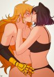  abs animal_ears ass bikini black_bra black_hair blake_belladonna blonde_hair blush bra breasts cat_ears cowlick highres kiss long_hair looking_at_another orange_bra orange_panties panties prosthesis prosthetic_arm roosterteeth rwby short_hair swimsuit thong underwear yang_xiao_long yellow_nicky yuri 